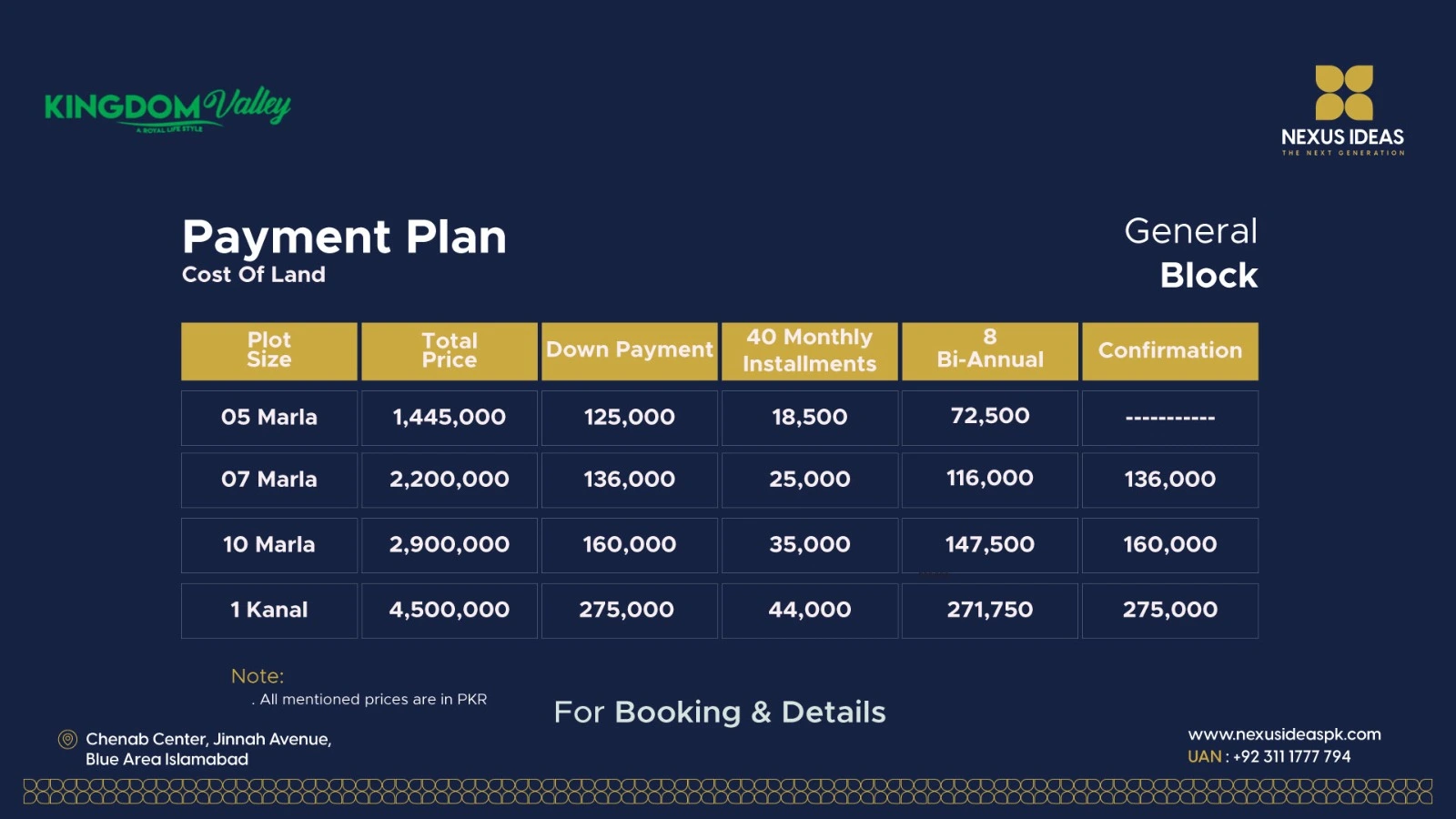 Kingdom Valley Islamabad General Block payment plan