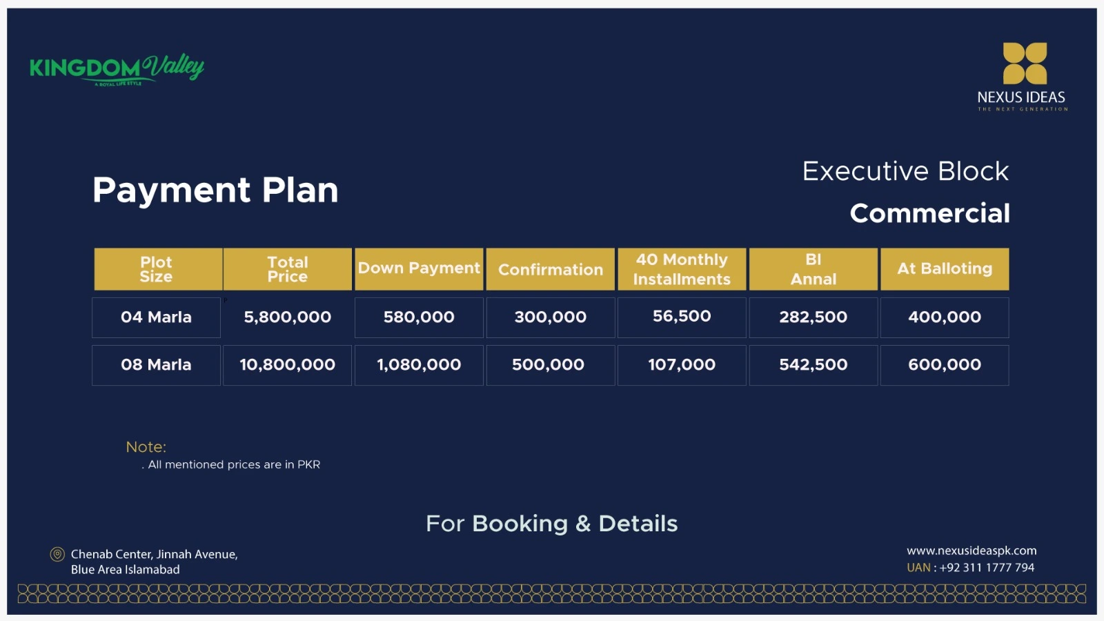 Payment Plan for Commercial plots for sale in Executive Block