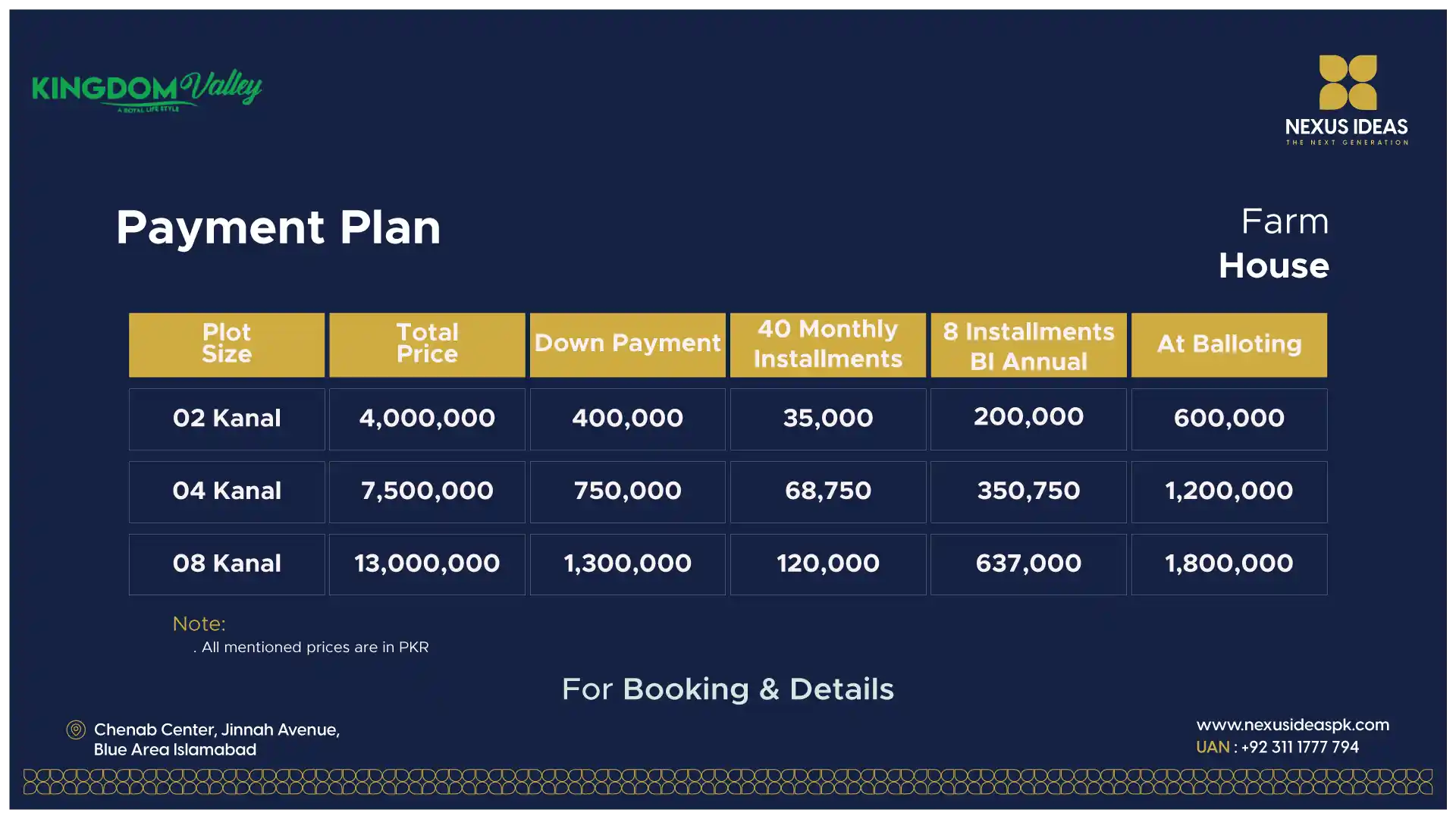 Kingdom Valley Islamabad Farmhouses Payment Plan