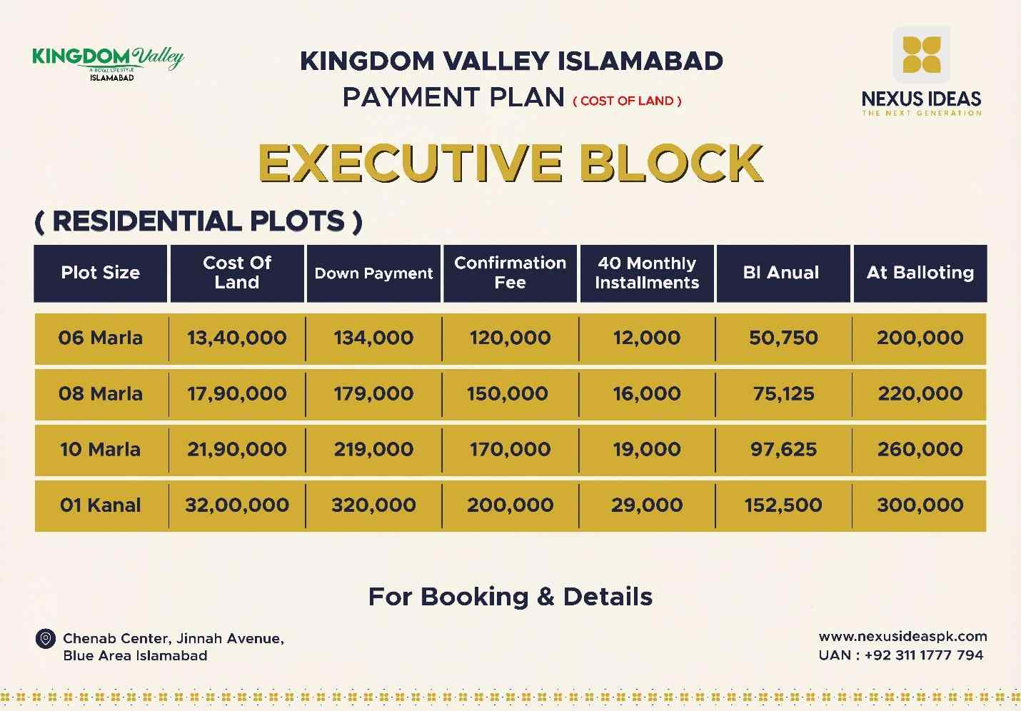 Kingdom Valley Islamabad Executive Block Payment Plan