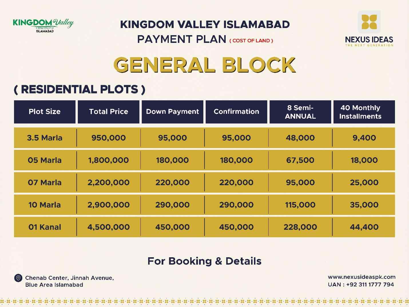 Kingdom Valley Islamabad General Block Payment Plan