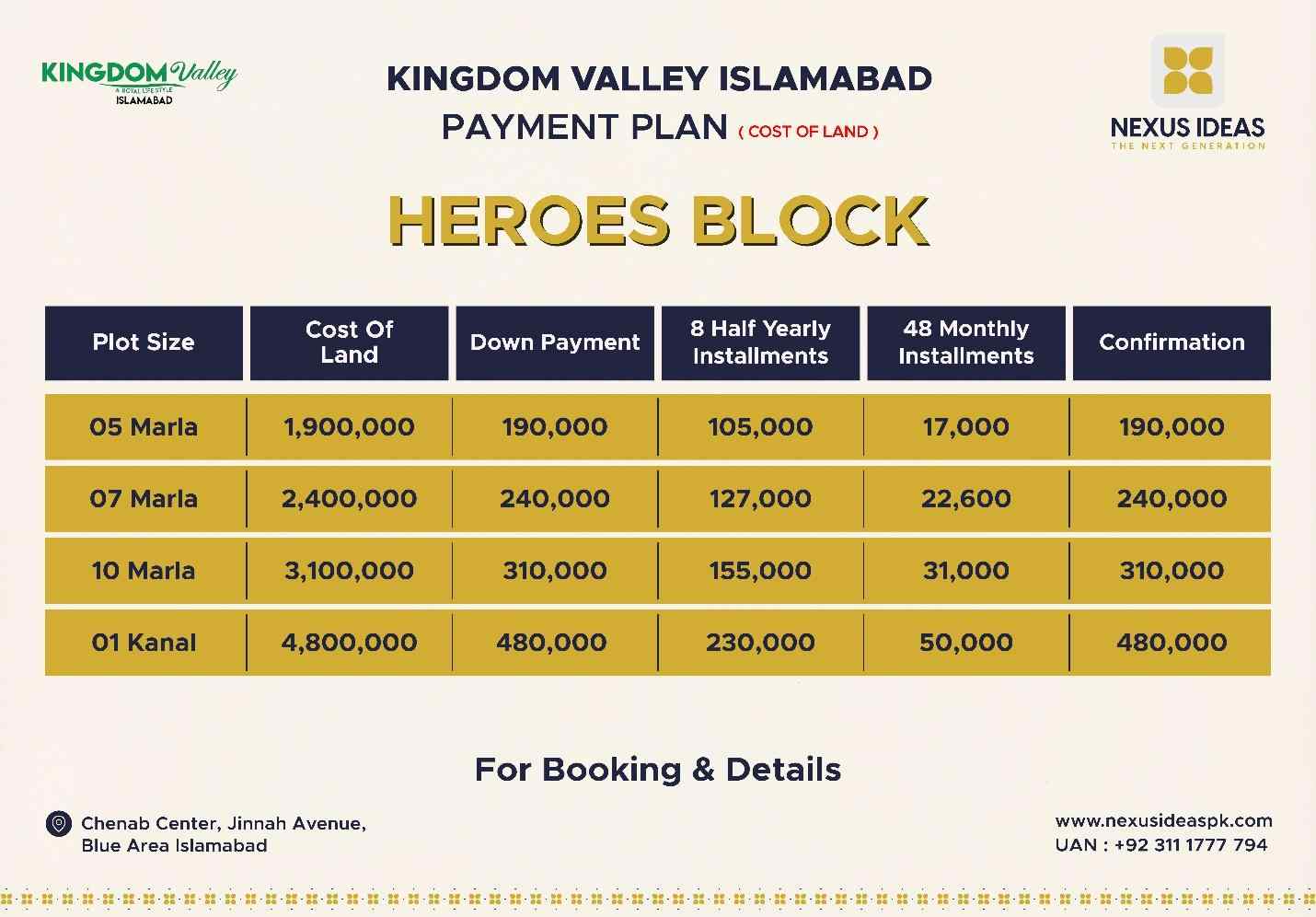 Kingdom Valley Islamabad Heroes Block Payment Plan