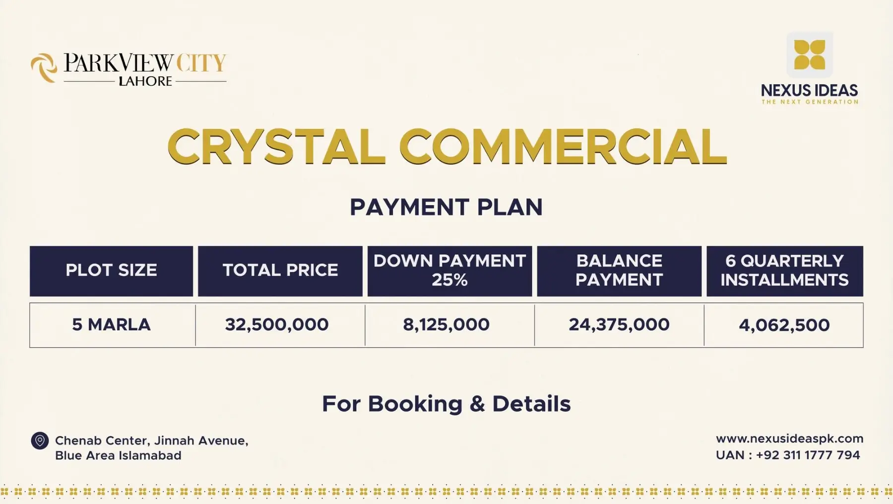 Park View City Lahore Crystal Commercial Payment Plan