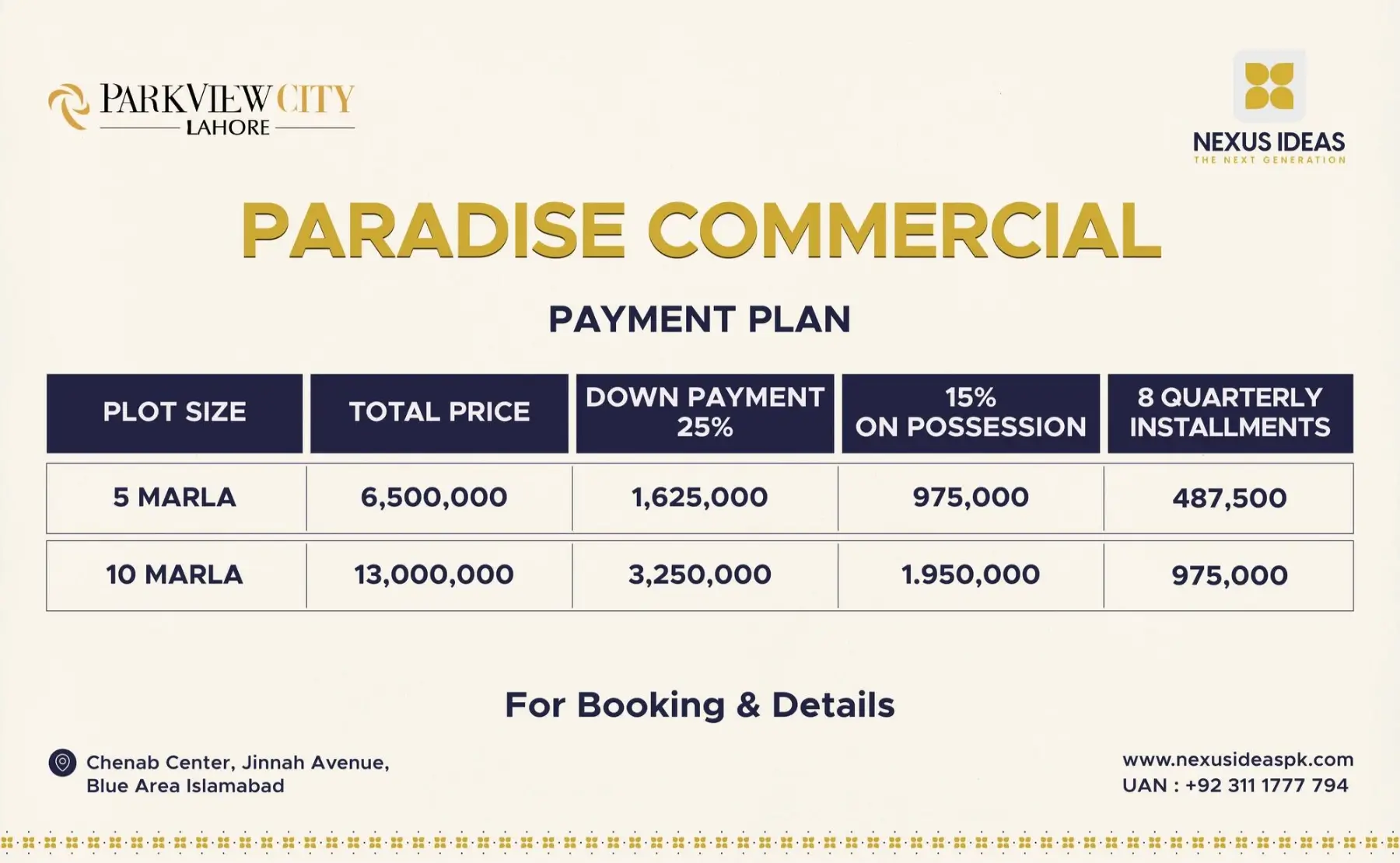 Park View City Lahore Paradise Commercial Payment Plan