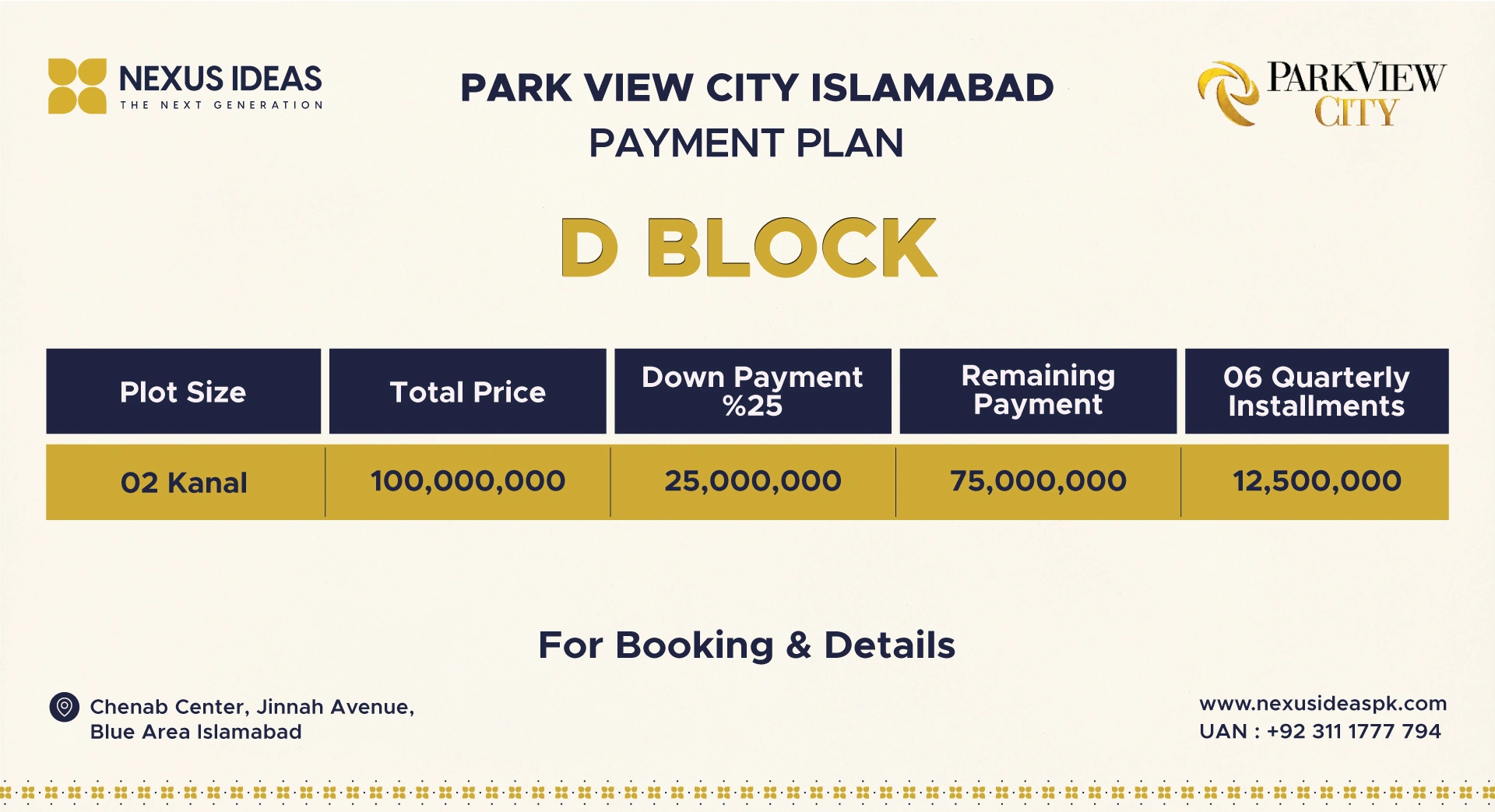 ParkView City Islamabad D Block Payment Plan